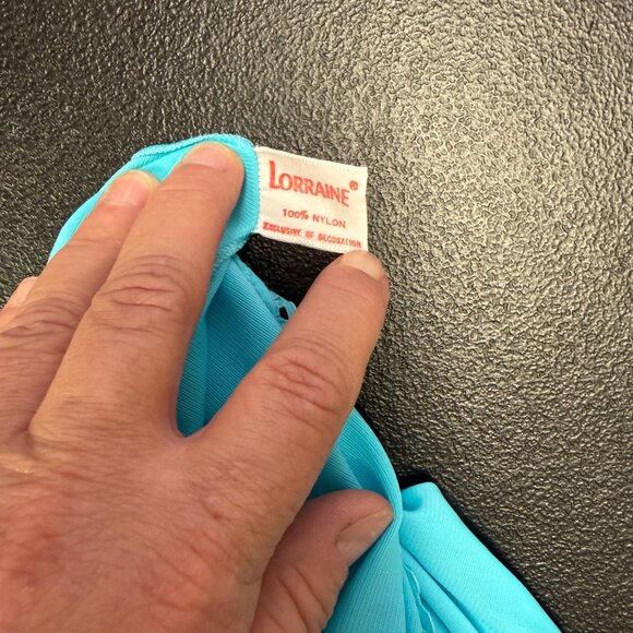 VTG Lorraine Nylon Nightgown LARGE Aqua Blue Sleeveless Long Lace Trim Made USA - Picture 7 of 8